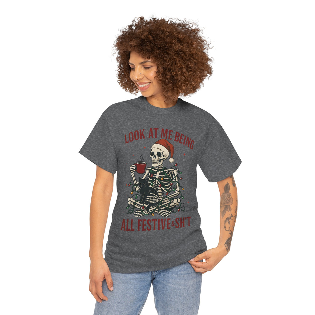Festive Skeleton Tee, Unisex Cotton T-Shirt for Parties, Halloween, Christmas, Holiday Gifts, Fun Party Wear