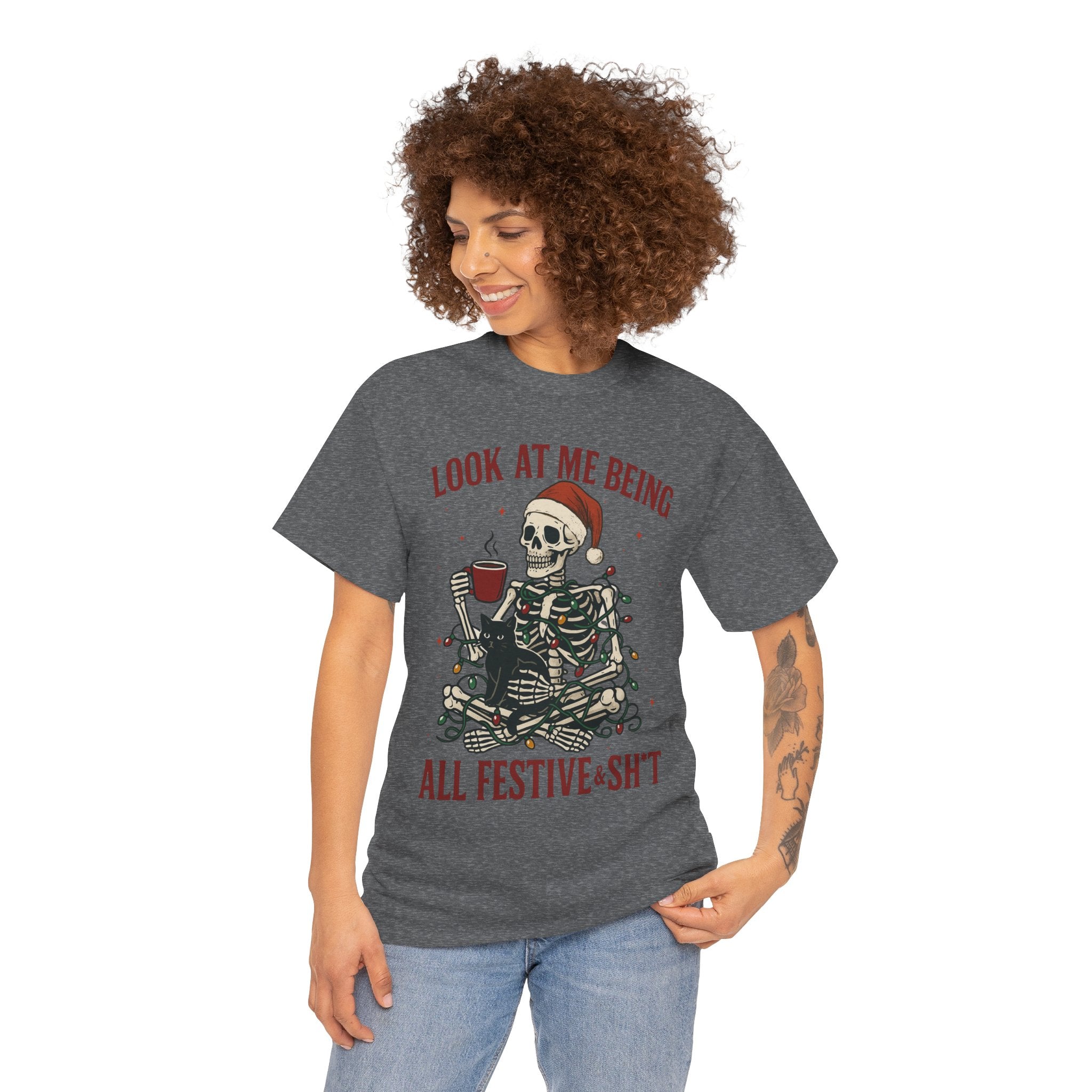 Festive Skeleton Tee, Unisex Cotton T-Shirt for Parties, Halloween, Christmas, Holiday Gifts, Fun Party Wear