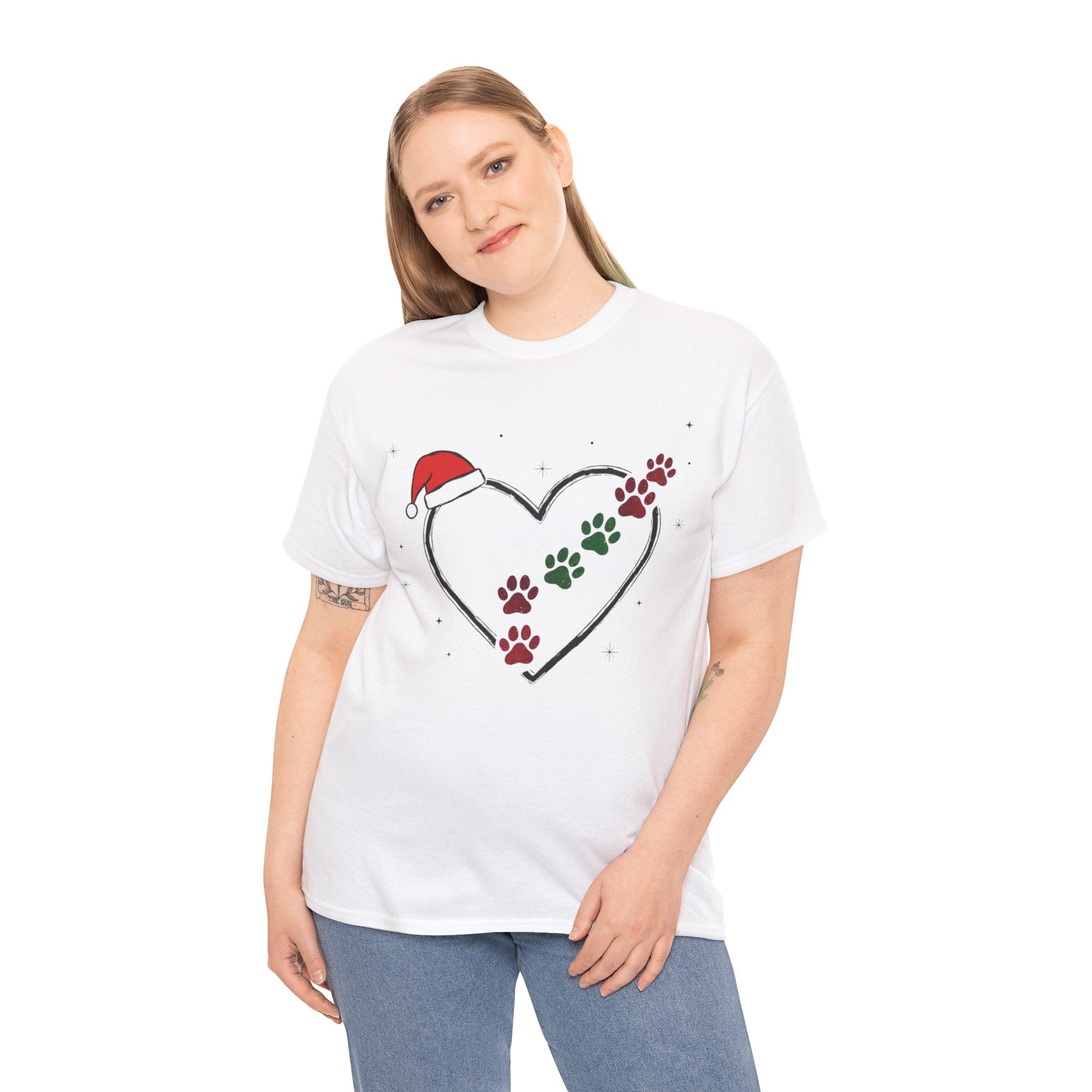 Santa Hat Paw Print Heart Christmas Dog Lover T-Shirt