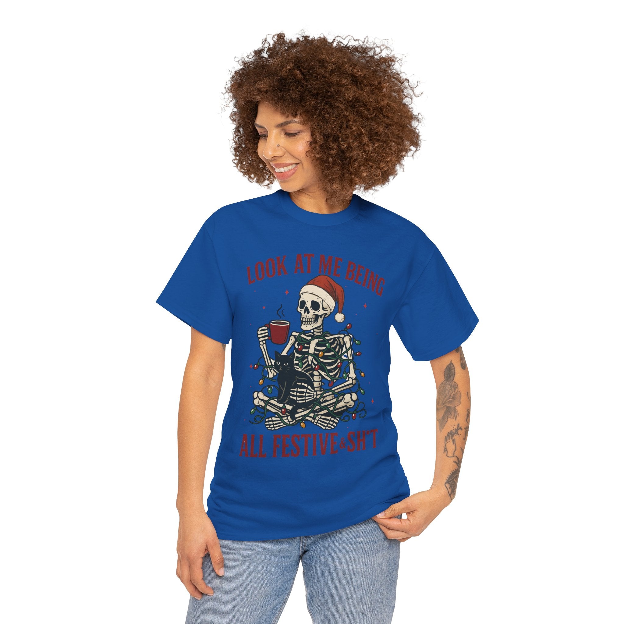 Festive Skeleton Tee, Unisex Cotton T-Shirt for Parties, Halloween, Christmas, Holiday Gifts, Fun Party Wear