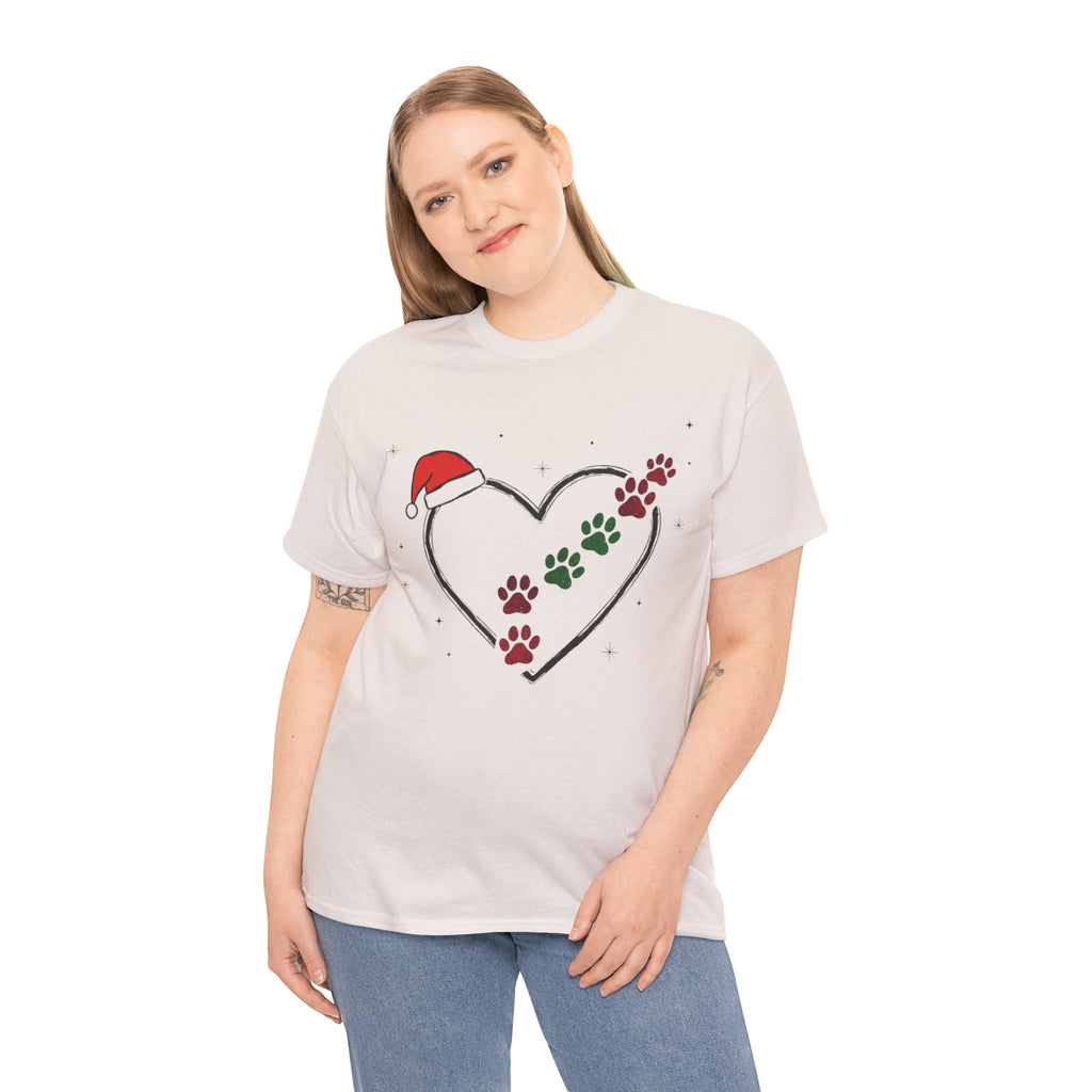 Santa Hat Paw Print Heart Christmas Dog Lover T-Shirt