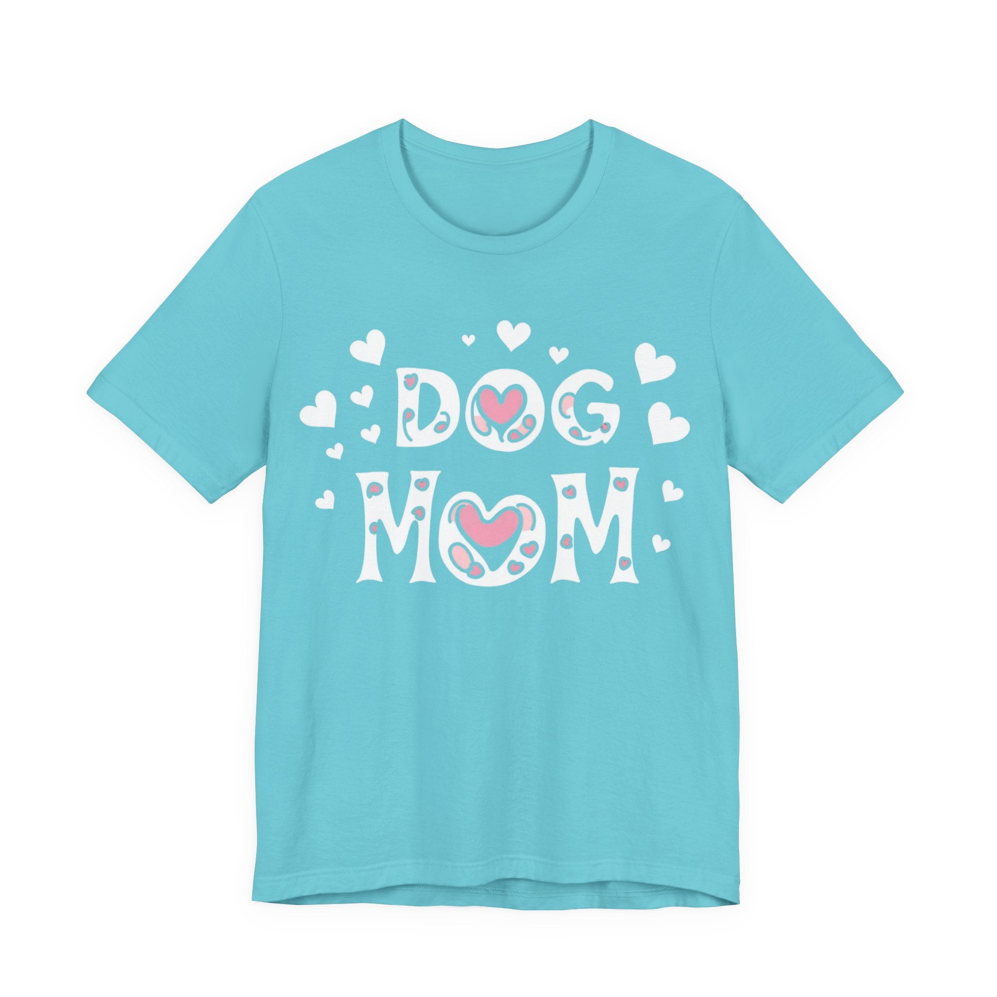 Dog Mom with Hearts Cotton Short Sleeve T-Shirt, Casual Wear, Gift for her, Everyday Favorite, Cute Graphic Tee, Free Shipping
