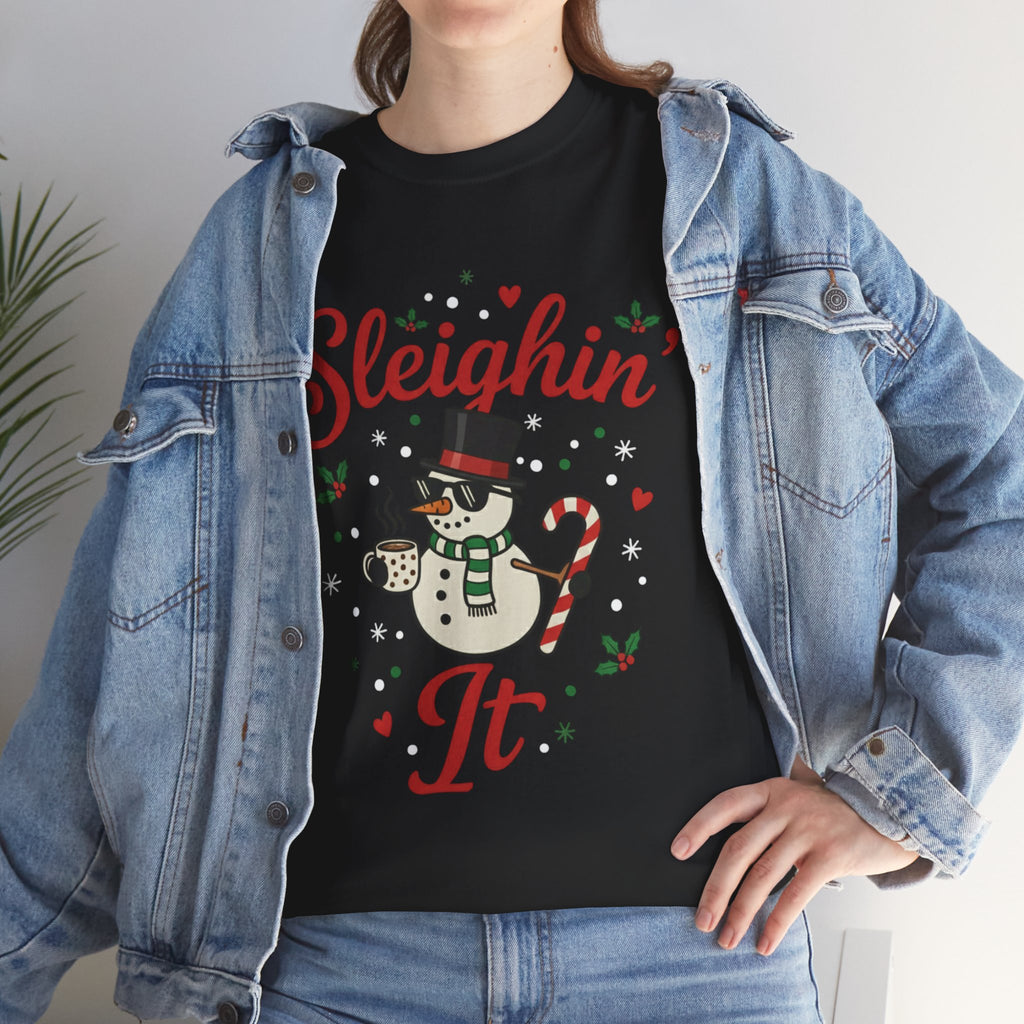 Sleighin’ It Snowman Christmas T-Shirt | Funny Holiday Winter Tee