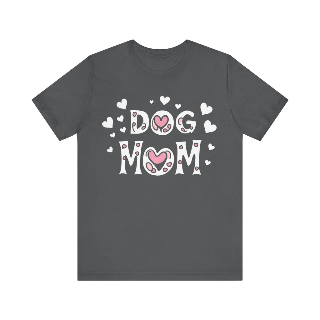 Dog Mom with Hearts Cotton Short Sleeve T-Shirt, Casual Wear, Gift for her, Everyday Favorite, Cute Graphic Tee, Free Shipping