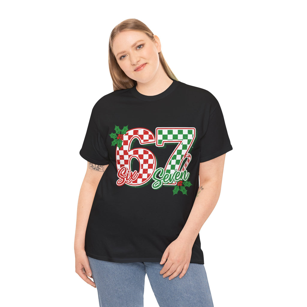 Six Seven 67 Christmas Tee – Festive Buffalo Plaid Number Shirt