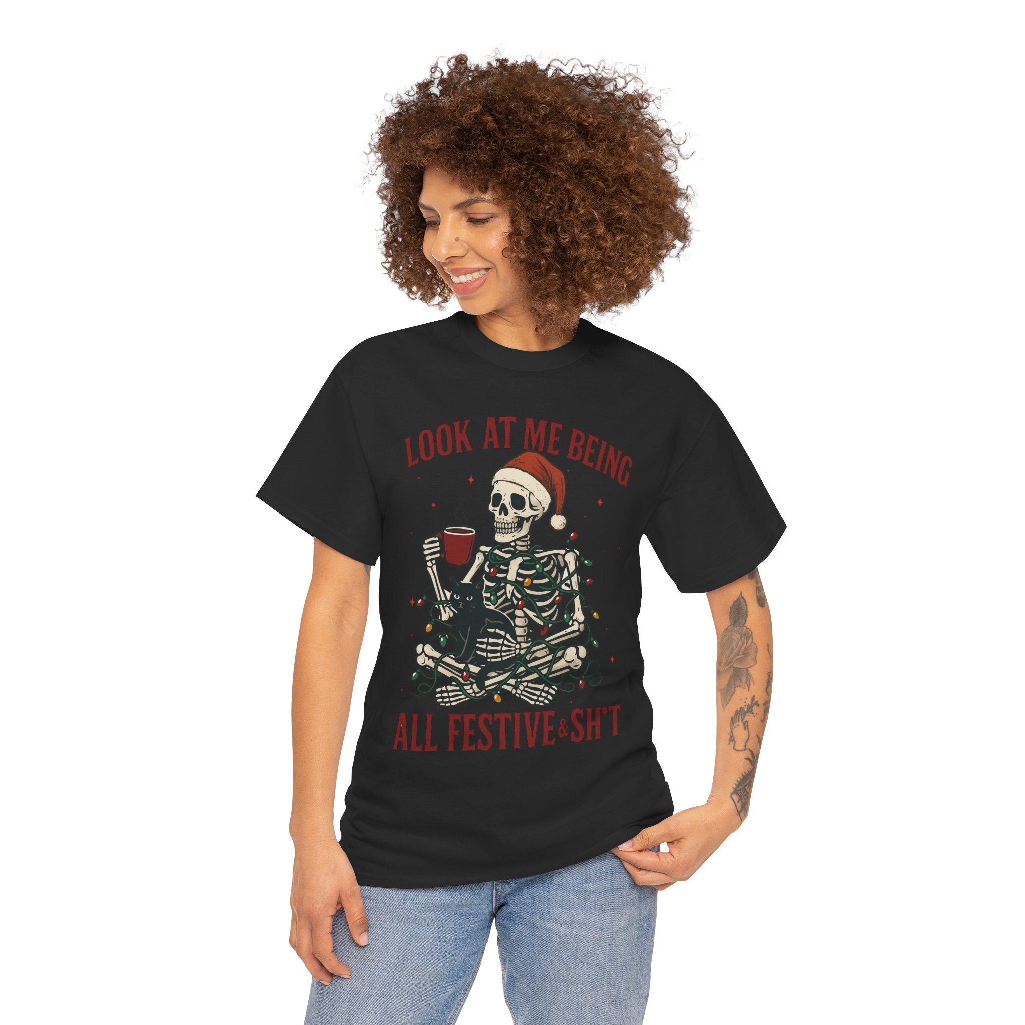 Festive Skeleton Tee, Unisex Cotton T-Shirt for Parties, Halloween, Christmas, Holiday Gifts, Fun Party Wear