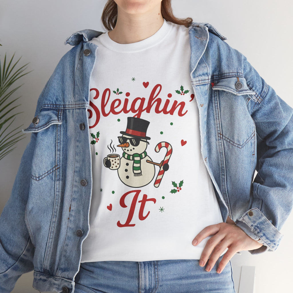 Sleighin’ It Snowman Christmas T-Shirt | Funny Holiday Winter Tee